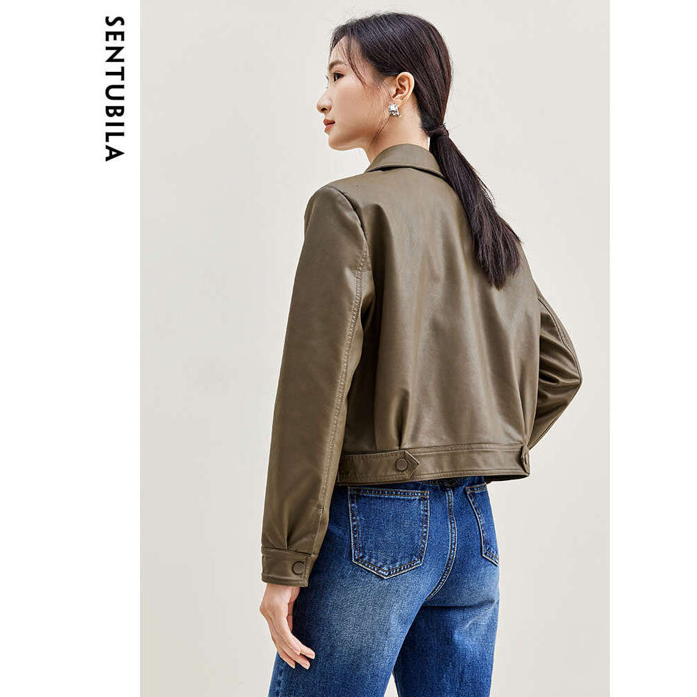 SENTUBILA Cropped Pu Bomber Women 2024 Autumn Winter Vintage Lapel Zip Up Faux Leather Jacket Motorcycle Coats