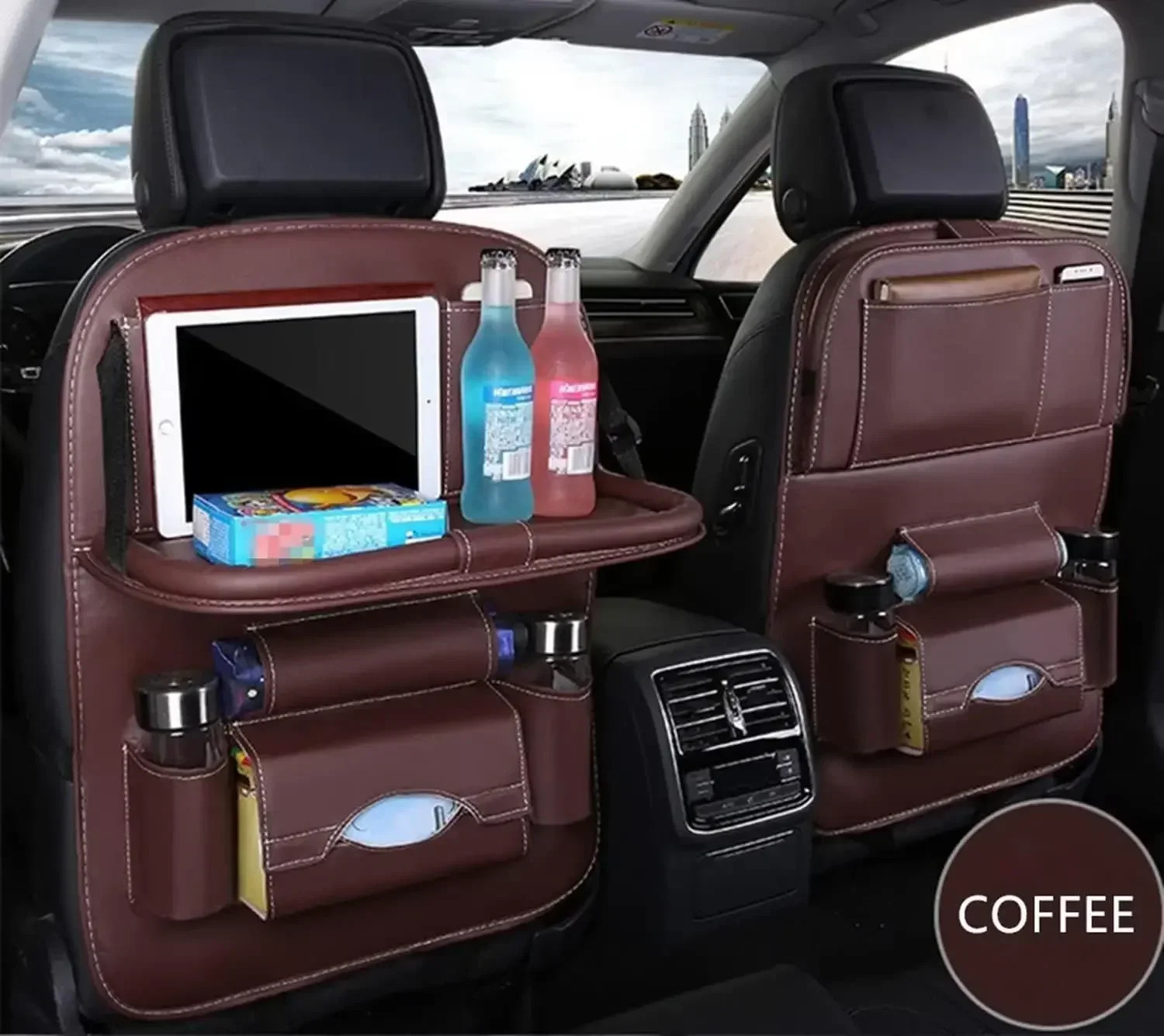 New 1Pcs Car Back Foldable Table Tray PU Leather Storage Organizer With Pockets Kick Mats Seat