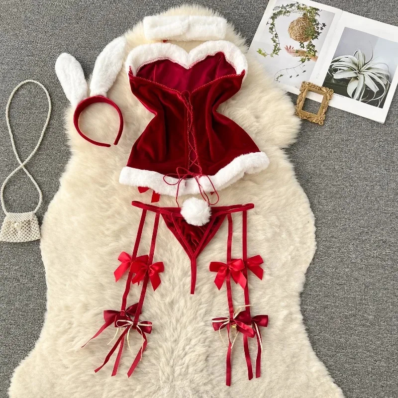 Sweet Bunny Christmas Lingerie Women Sexy Nightgowns Soft Velvet Off Shoulder Cute Rabbit Dress Lenceria Sexys Para Mujer Fina 241031