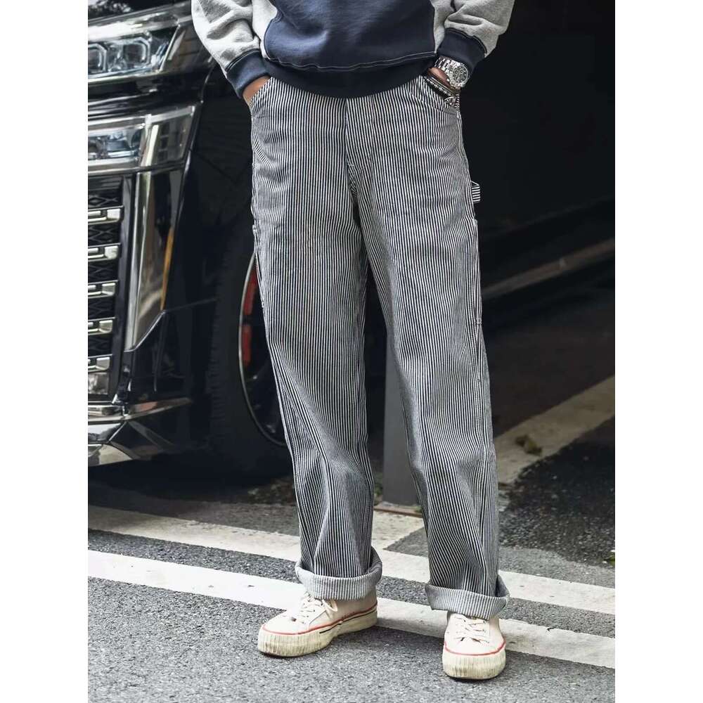 Non Stock Neppy Denim & Hickory Stripe Carpenter Pants Straight Leg Workwear Painter Trousers