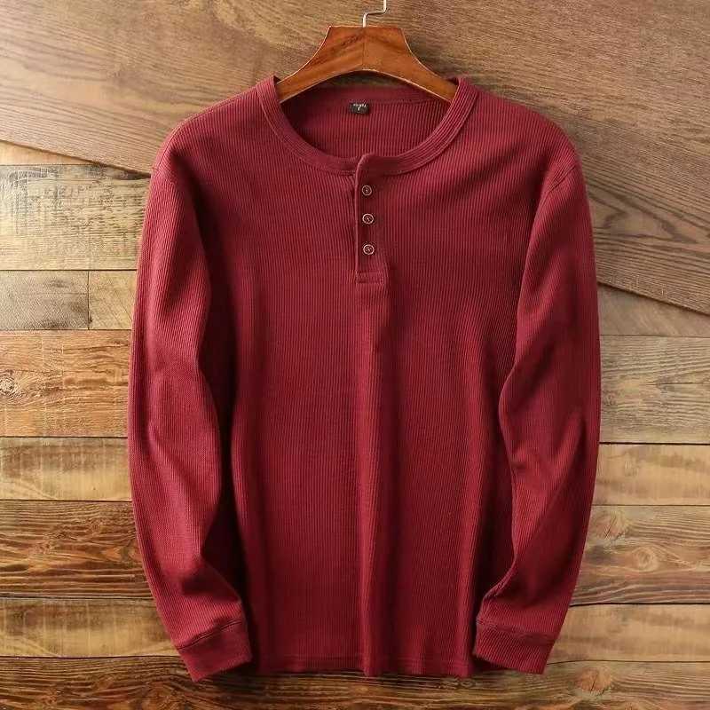 Slim Fit Mens Basic T Casual Tshirts Henley Waffle Long Slve Shirts Thermal Solid Half Button Breathable 100% Cotton ShirtsC241031