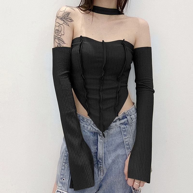 Designer Ins2024 Autumn/Winter New Women's Solid Color Personalized Design Chest Wrapped One Neck Off Shoulder Long Sleeve T-shirt