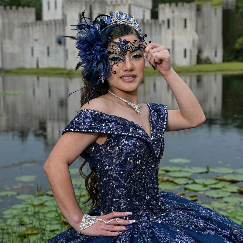 Navy Blue Princess Quinceanera Dresses Off the Shoulder Ball Gown Sweet 16 Dress Sequin Appliques Lace Beads Tull Vestidos 15 De XV Anos
