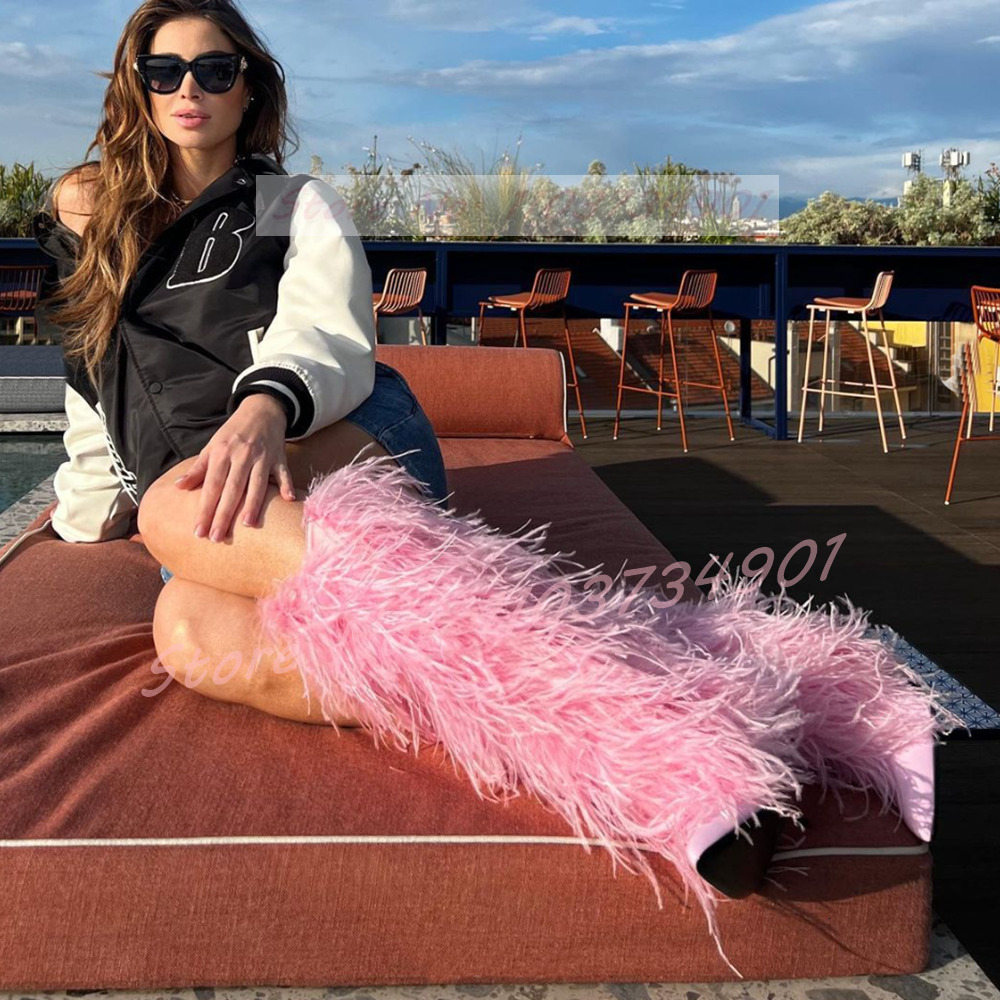 Pink Fluffy Furry Knee Length Female Sweet Pointy Toe Fur Winter Thin High Heels Boots Women Party Fashion Elegant Shoes