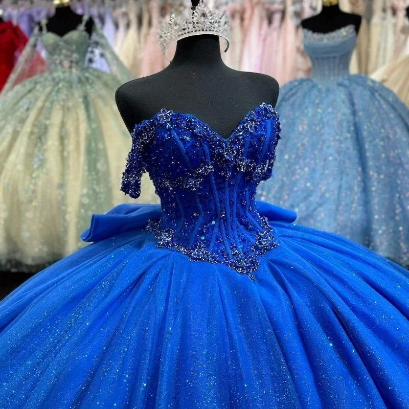 Royal Blue Shiny Ball Gown Quinceanera Dresses Lace Beads Bow Tull Off Shoulder Party Birthday Princess Sweet 16 Years Vestidos 15 De XV Anos