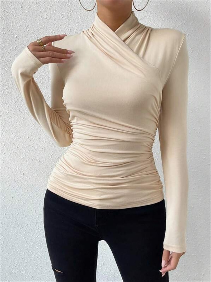 Designer's autumn and winter new design cross neck slim fit versatile pleated T-shirt