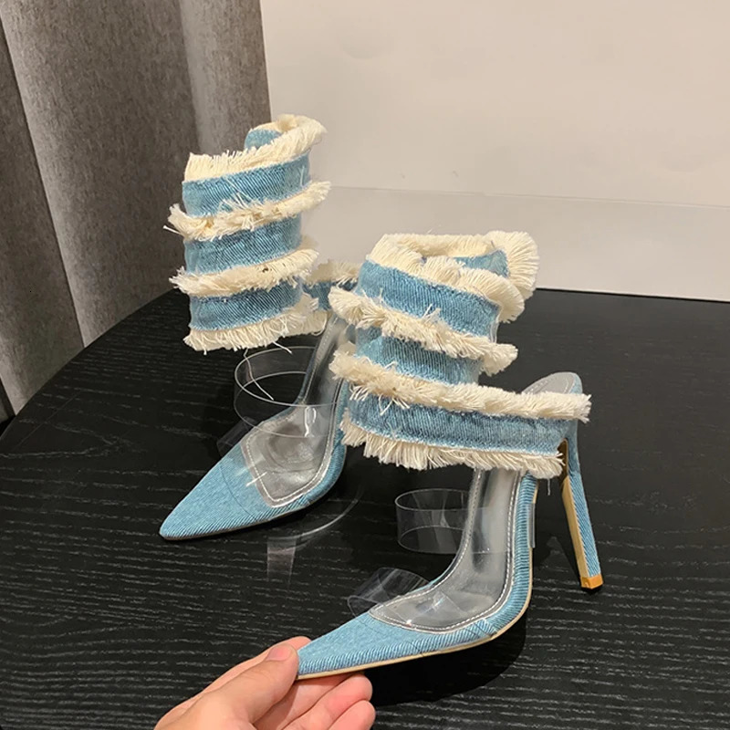 Liyke 2024 Denim Ankle Snake Surround Strap Sandal Women Transparent PVC Summer High Heels Party Stripper Shoes Pumps 241031