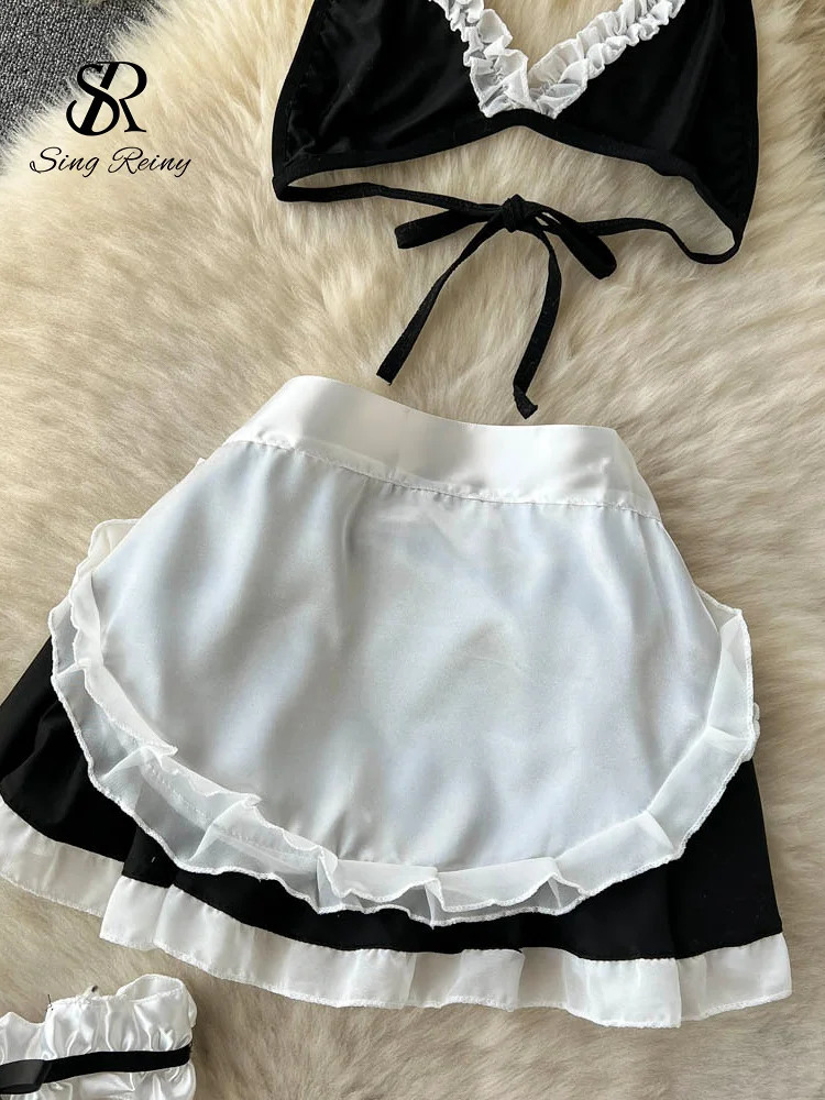 SINGREINY Maidservant Cosplay Porn Sexy Suits Women Halter Mini BraShort SkirtThongs Ruffles Sweet Lingerie Erotic Nightsuits 241031