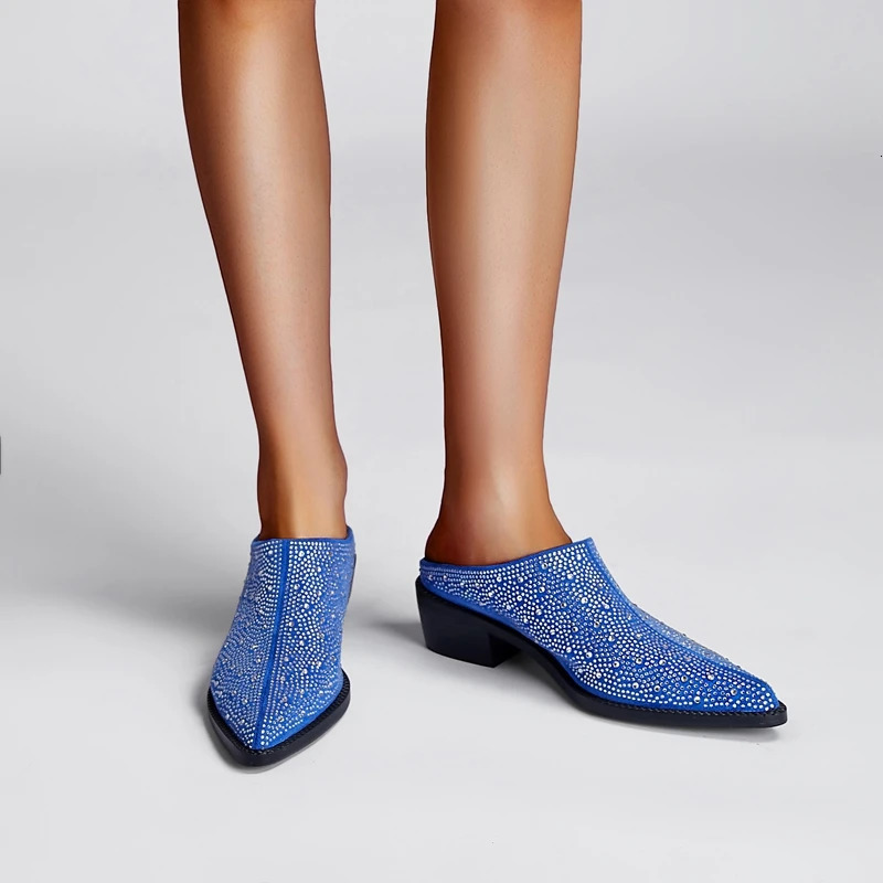 2024 Mules Baotou Pointed Thick Heel Medium Heel Rhinestone Large Womens Slippers Half Slippers Women Shoes for Women 241031