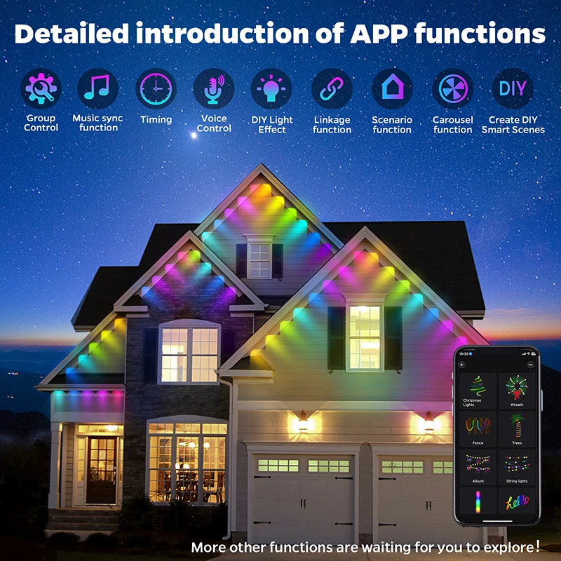 100 feet 60 LED permanent outdoor Eaves LED light waterproof RGB string light DIY scene Christmas birthday holiday party lighting 241025