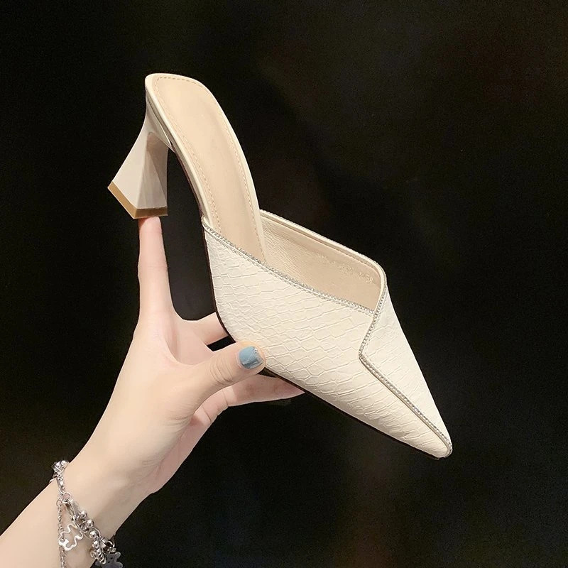 Net Red Baotou Half Slippers Women Wear Summer Fairy Feng Rhinestone Pointed Thick Heel High Heel Womens Shoes 241031