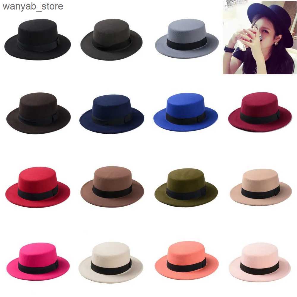Stingy Brim Hats New Fashion Wool Pork Pie Boater Flat Top Hat For Womens Mens Felt Wide Brim Fedora Gambler Hat L240910