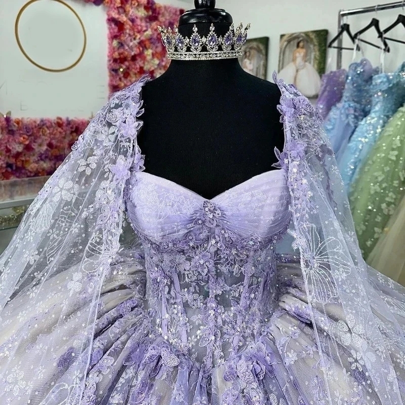 Lavender Lilac Quinceanera Dresses Ball Gown Sequin Applique Lace Beads Tulle With Cape Corset Sweet 16 Vestidos De XV 15 Anos