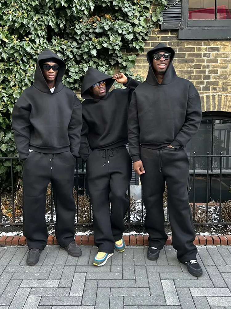 Solid Color Men Hoodie Suit Fashion Street Casual Pullover Waist Drawstring Pants Two Pieces Set Autumn Male Running Sportswear 241031