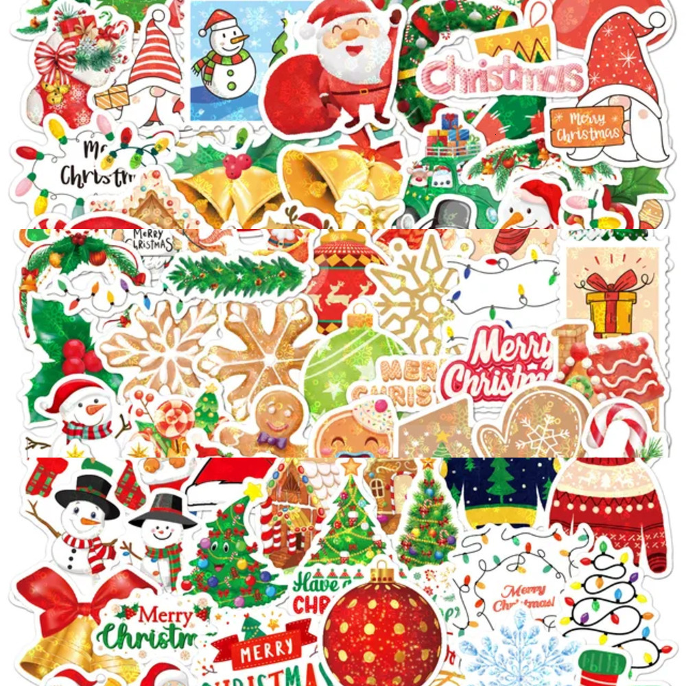 New 50 100 200Pcs Waterproof Stickers Kids Sticker With Santa Elk Sled Snowman Pattern Christmas Gifts For Children