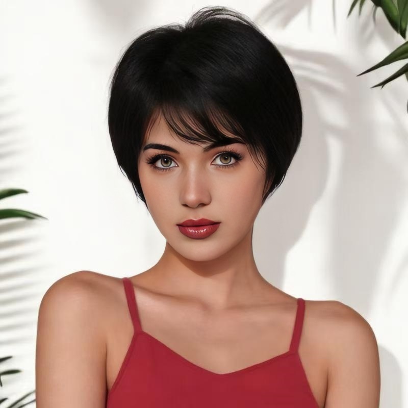 Fashion wig short straight hair side parted bangs synthetic fiber full headpiece wigs human hair