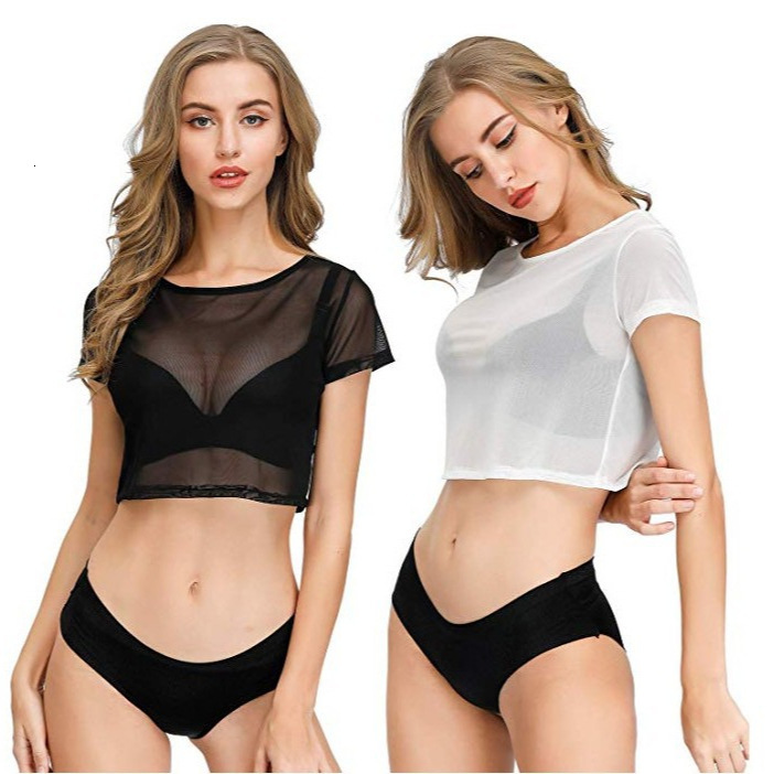 Designer's new mesh tight see through base shirt, sexy and seductive lingerie, sleeved T-shirt, exposed navel short top