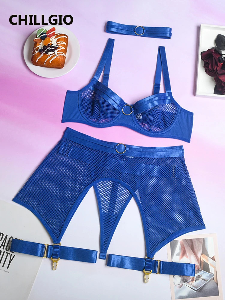 CHILLGIO Women Mesh Sexy Hollow Bra Brief Suits Push Up Erotic Intimate Underwear Fashion 4 Piece Solid Transparent Lingerie Set 241031
