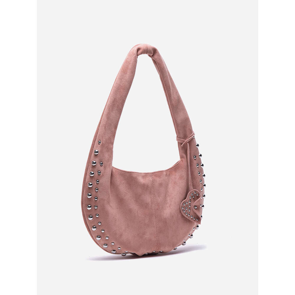 24Ss Women's Shoulder European And American Style Rivet Handbag Suede Retro Motorcycle Soft Armpit Bag