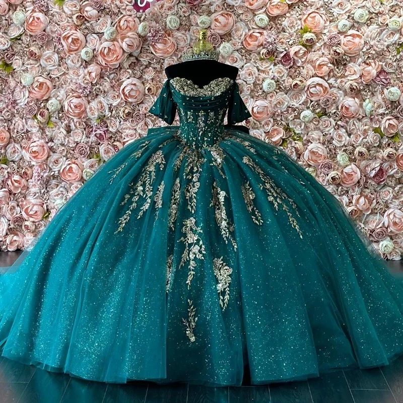 Blackish Green Shiny Ball Gown Quinceanera Dresses Sequin Gold Appliques Lace Beads Crystal Tulle Party Birthday Vestidos De 15 Anos Sweet 16 Dress