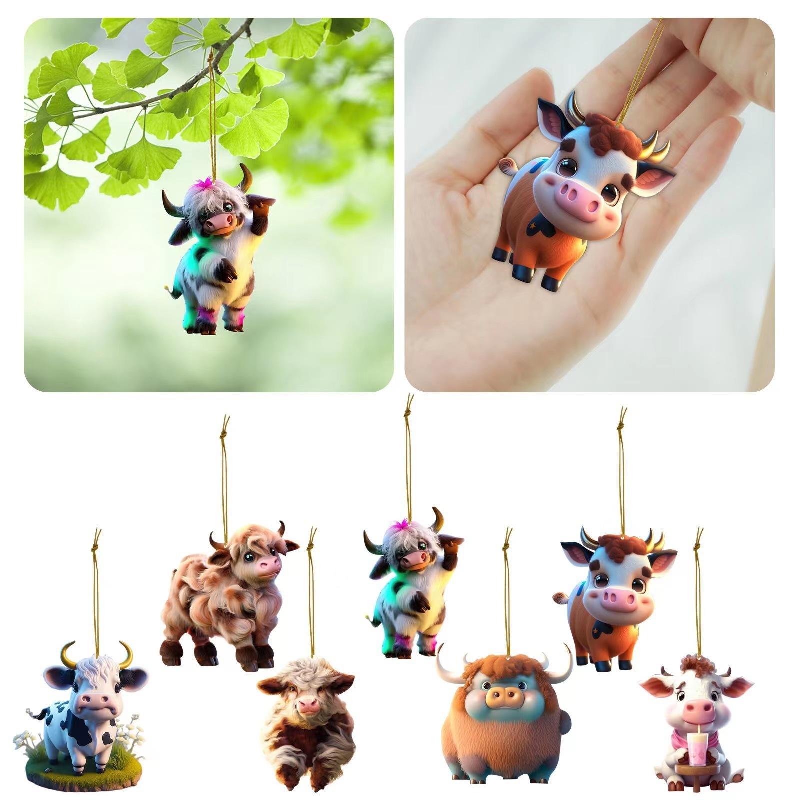 New 1Pc Acrylic Pendant Cute Cow Xmas Tree Hanging Ornaments Christmas Decorations For DIY Home Navidad Gift New Year 2023