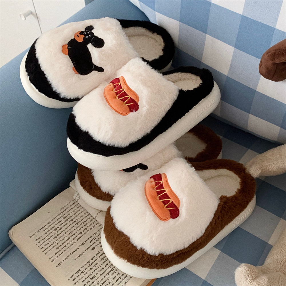 Female winter personality cartoon dachshund puppy fluffy cotton slippers Warm and interesting shoes for home bedroom in winter