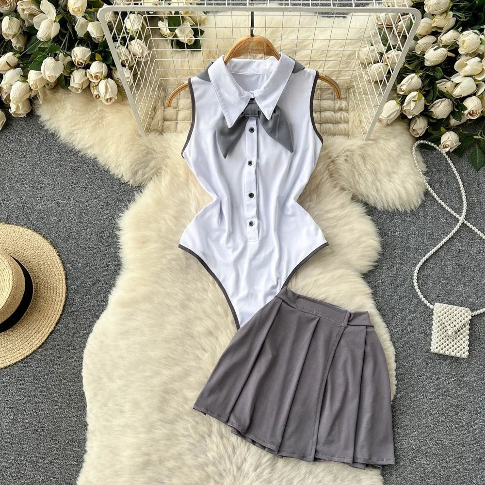 Sweet Bow Preppy Uniform Suits Button Backless Sleeveless BodysuitsPleated Skirt Lingerie Women Sexy JK Erotic Rompers Sets 241031