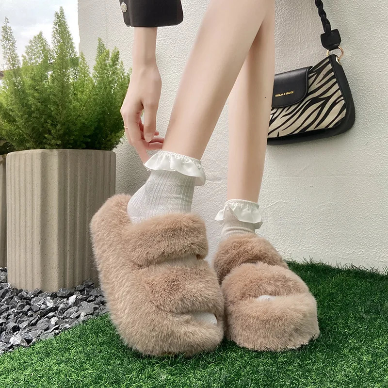 Summer Home Fur Slide Plush Slide Fluffy Flip Slide Platform Female Zapato De Mujer 241031