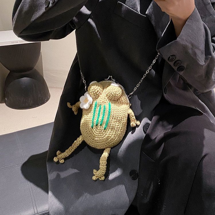 Cute Green Frog Shoulder Knitted Crossbody Casual Women Messenger Decoration Bag Phone Coin Purse