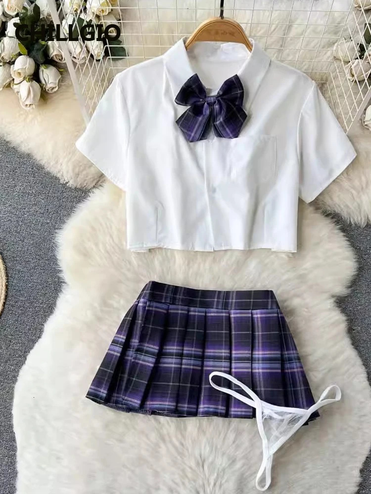 CHILLGIO Women sweet Plaid Pleated Skirts Suits Fashion Preppy Style Bow Tie Short Sleeve Shirt A Line Skirt Sexy Pajamas Set 241031