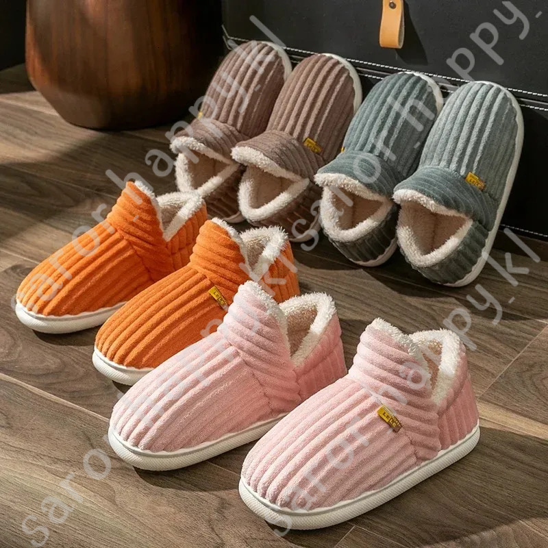 Winter Couple Style Concise Stripes Wrap Heels Plush Slippers Ladies' Non-Slip Soft Warm Flip Flops Men Home Casual Cotton Shoes 380