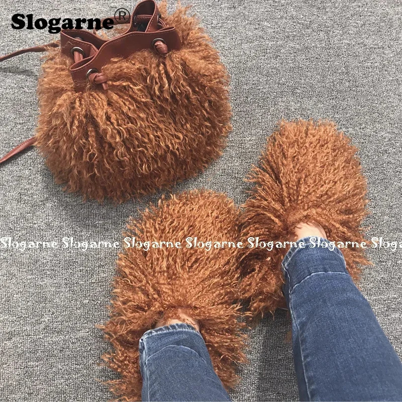Womens fashion set fur slider fur handbag womens faux fur set fur leather bag wallet indoor shoes Plus size 49 241031