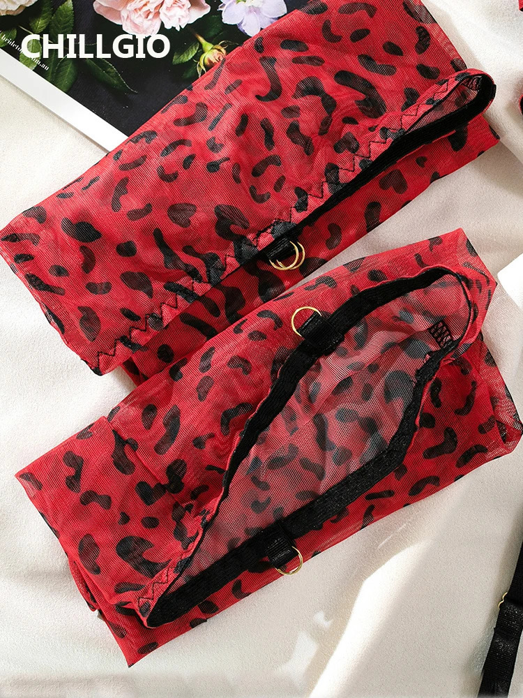 CHILLGIO Women Leopard Print Bra Brief Suits Fashion Erotic Mesh Underwire Underwear 4 Piece Transparent Lingerie Stockings Sets 241031