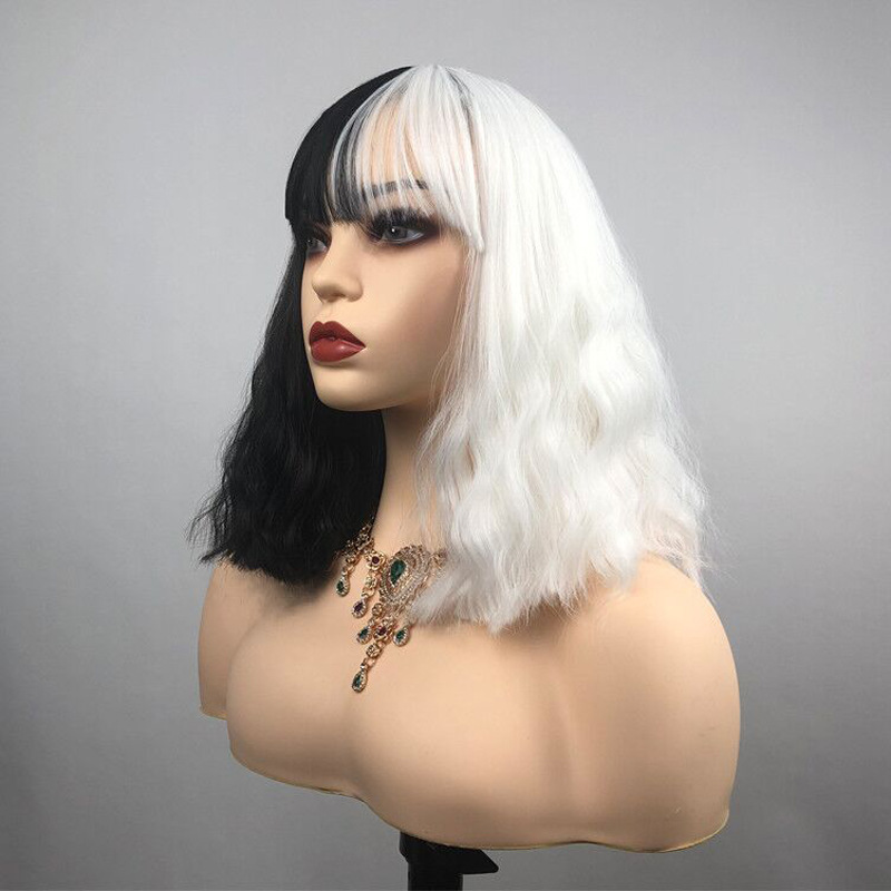 Black and white witch Halloween cosplay wig female long curly ladies wigs hair headpiece