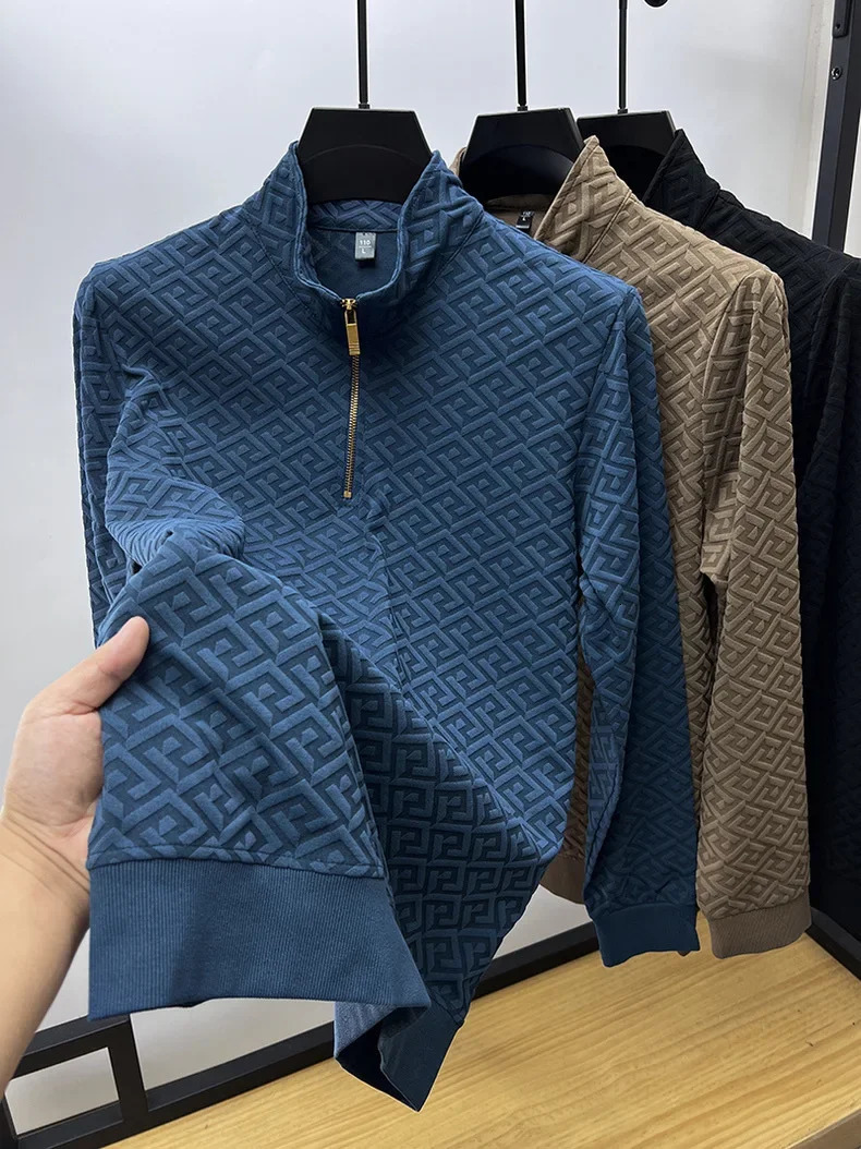 High end fashionable jacquard retro mens sweater casual trend for spring and autumn half zipper stand up collar sweater 241031