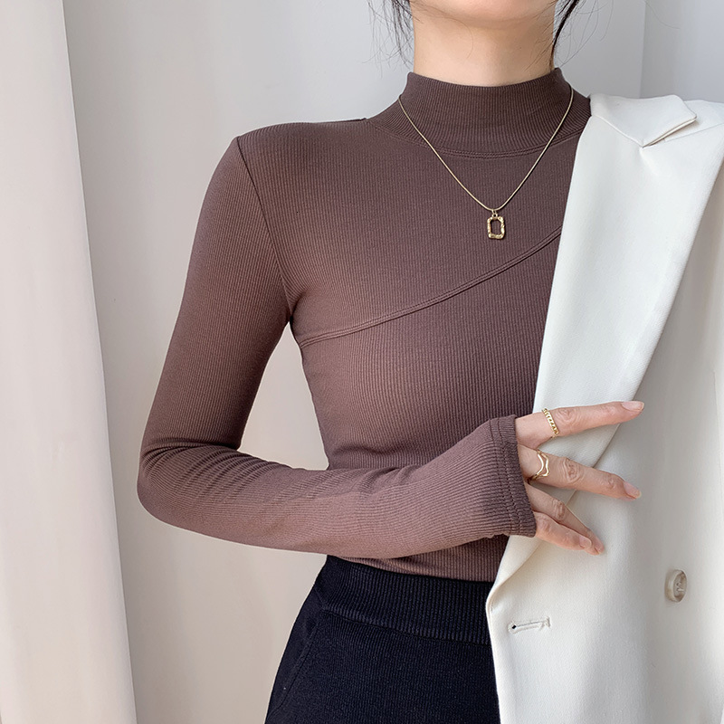 Designer selects elasticity cotton semi high neck base shirt women's T-shirt 2024 autumn winter new item, with tight fitting long sleeved and plu