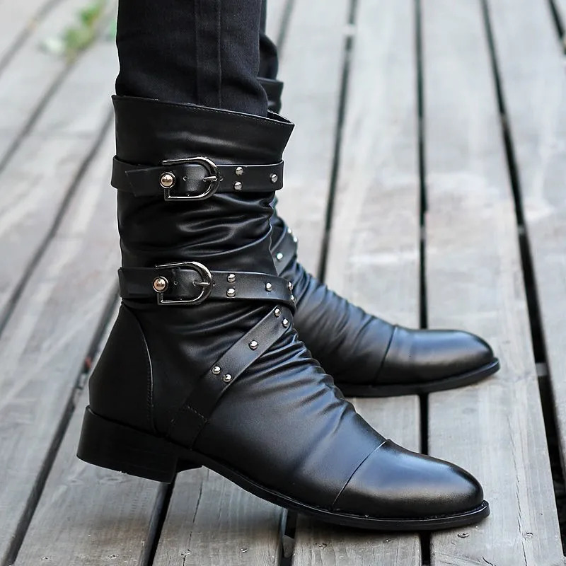 Winter Pointed Toe Mens Small Leg Boots with Buckle Chelsea Boots Mens Leather Motorcycle Boots Premium Mens Winter Shoes 241031