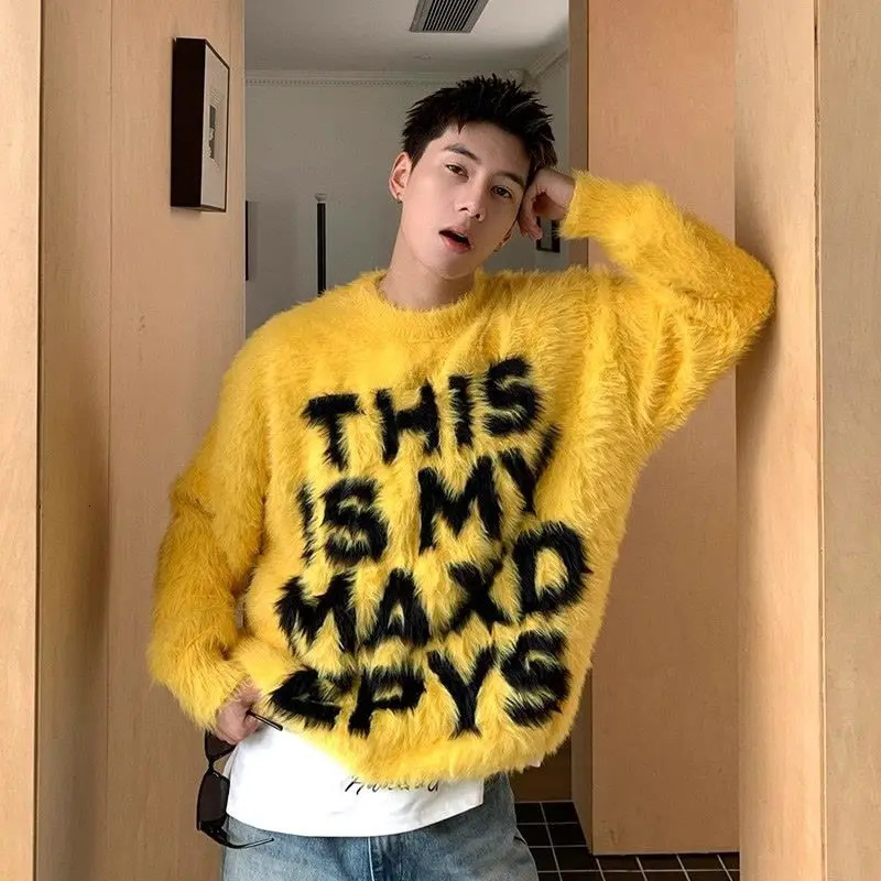 mink fur sweater men thick lazy high end feeling letter printed knitted sweaters jacket pullover clothing 241031