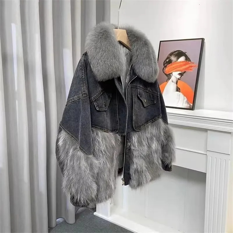 Large fur collar Denim jacket women fur Parkas 2024 winter fashion splicing coat Racoon hair short outerwear 3343 241031