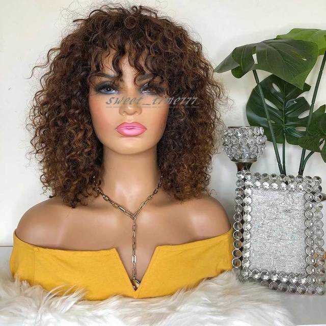 Brown/Black Color Brazilian Short Curly Lace Front Wigs For Black Women Pre Plucked With Bangs Synthetic Bob Frontal Wig
