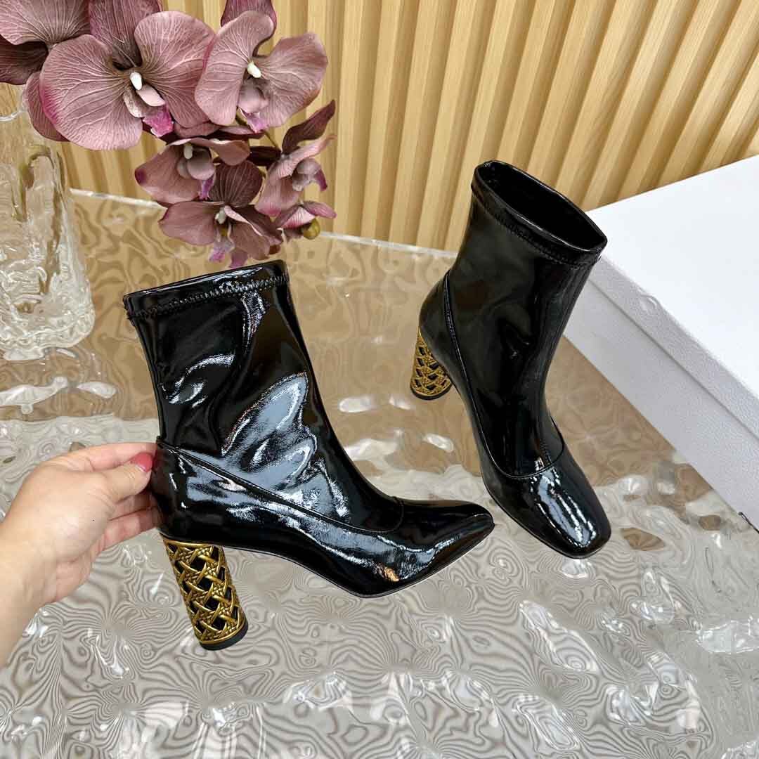 2025-- Autumn New Square Toe Ankle Boots Slip-On Genuine Leather Fashion High Heels Elegant Women Shoes Botas