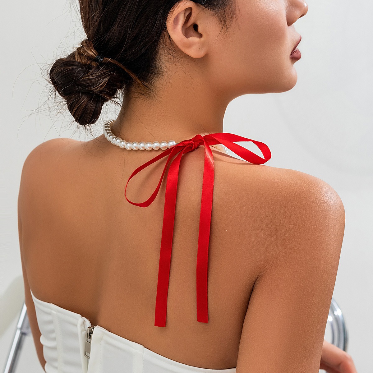 European and American Cross-border Jewelry Vintage Long Bow Collarbone Chain Neck Chain Lace Velvet Pearl Necklace for Women