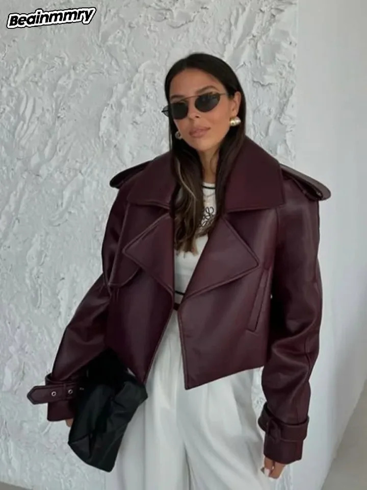 Women Retro Burgundy Leather Short Jacket Fashion Big Lapel Full Sleeves Pocket Loose Coats Lady Autumn Chic High Street Outwear 241030