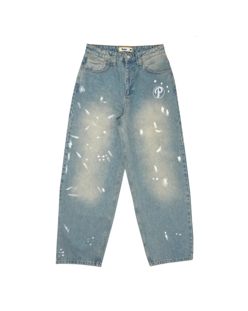 Streetwear protective jeans Y2K mens pants Harajuku hip-hop letter embroidery retro blue pocket jeans high waist wide leg Trouser 241031