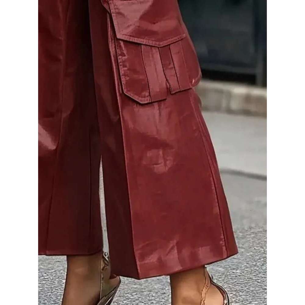 Modigirl Winter Women Faux PU Leather Pants Red Black High Waist Streetwear Clothes Womon 2024 Original Wide Leg Trousers