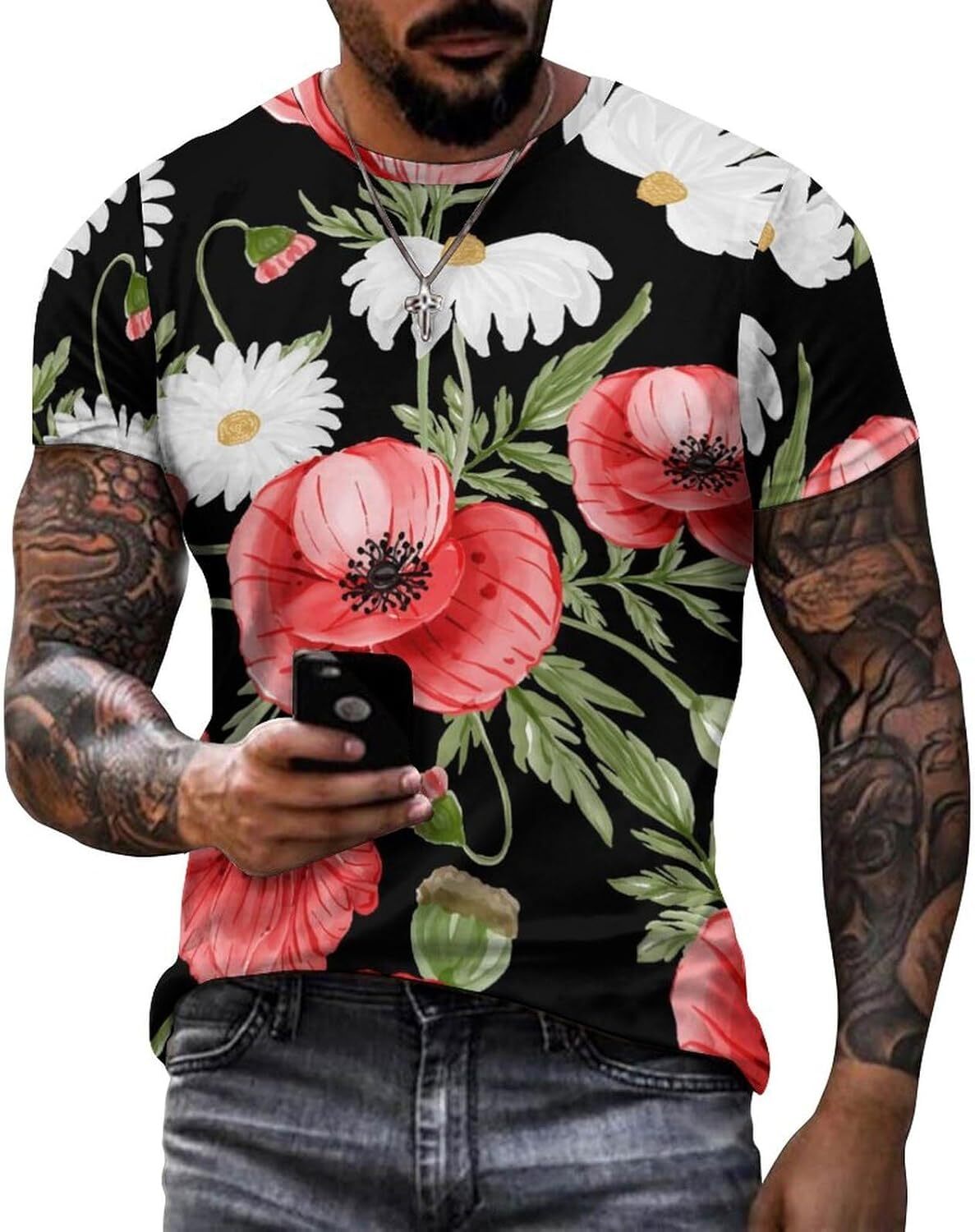 Mens T shirt Summer Rose Flower Pattern Cotton T-Shirt 3D Printed Casual Shirt Men's Crew Neck T-Shirt tee Casual tops Super cool fashion summer 