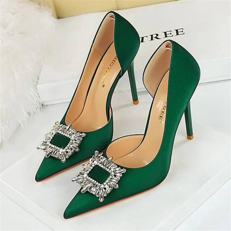 10.5cm High Heels Women Satin Silk Crystal Bg Rhie Pumps Lady Wedding Bridal Scarpin Green Purple Blue Prom Shoes 241030