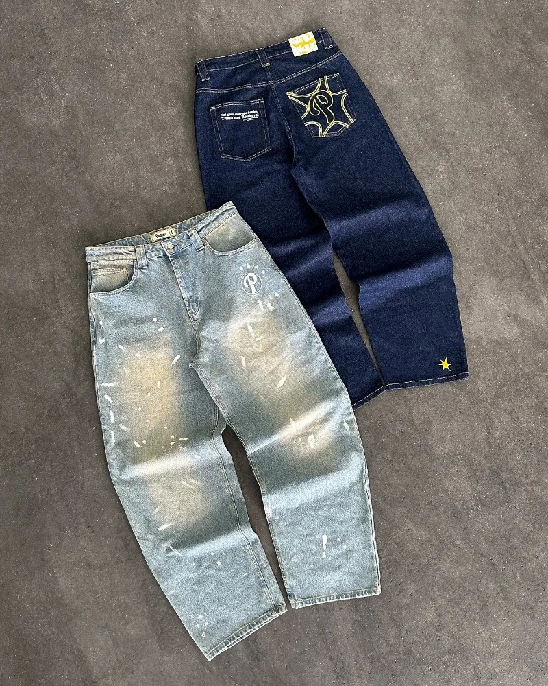 Streetwear protective jeans Y2K mens pants Harajuku hip-hop letter embroidery retro blue pocket jeans high waist wide leg Trouser 241031