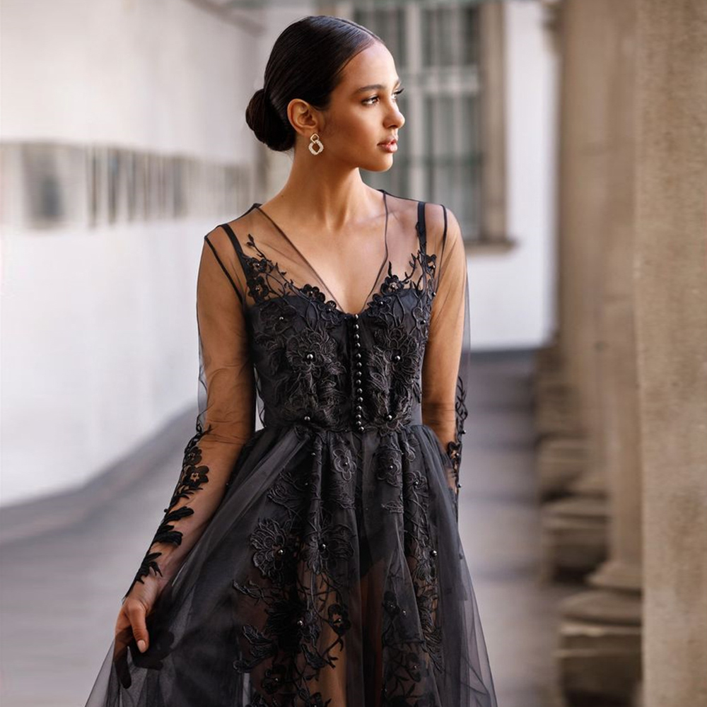 Black Embroid A-line Bridal Robe for Wedding See Through Front Button Women Bathrobes V Neck Long Sleeve Wedding Party Sleepwear without Underwear