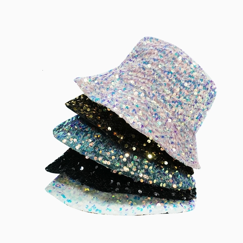 Wide Brim Hats Bucket Hats Man Woman Glitter Sequins Bucket Hat Fisherman Folded Windproof Panama Female 230831